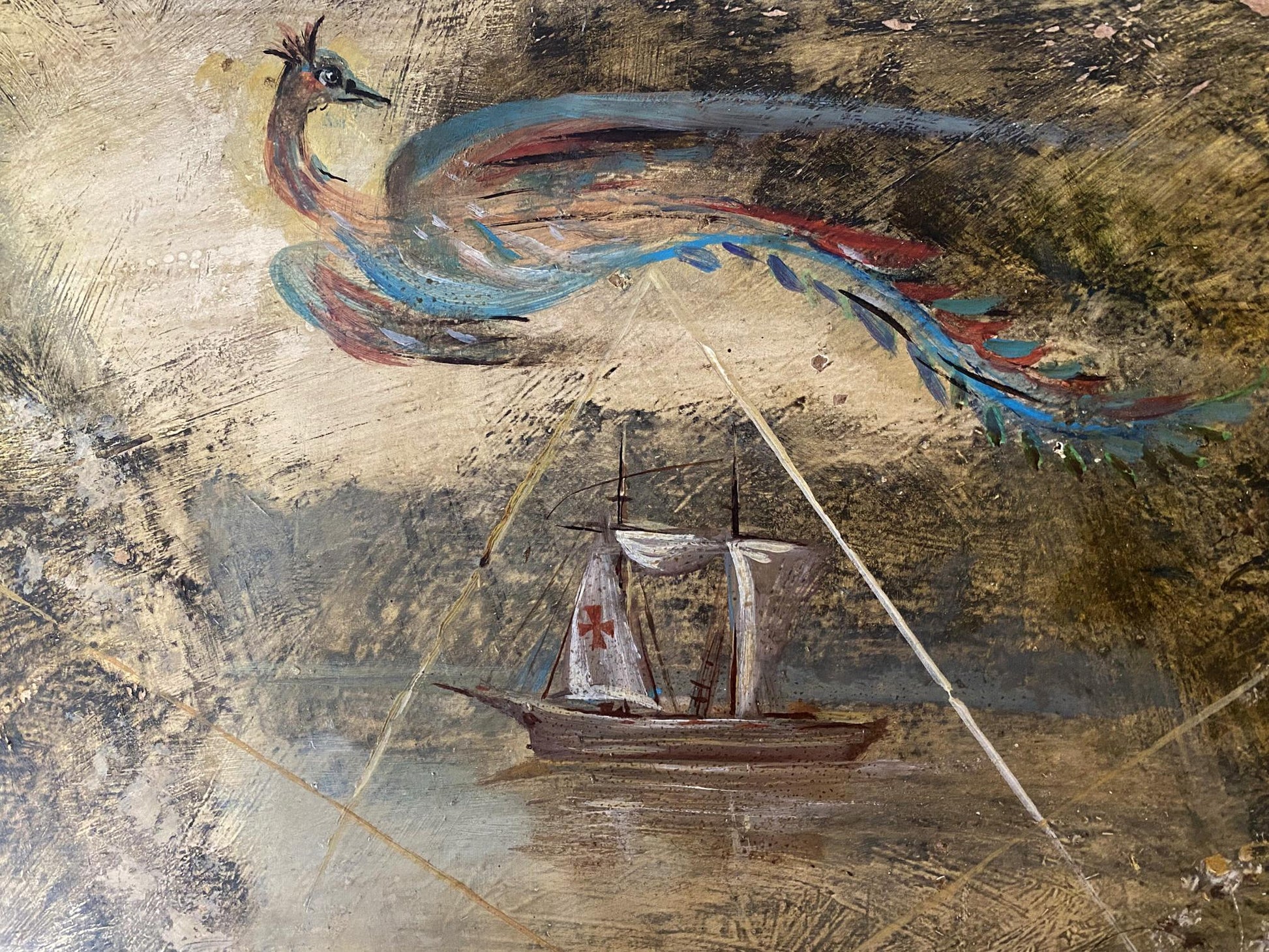 Vibrant peacock oil painting by Dulfan Lucien Veniaminovich over sailing ship