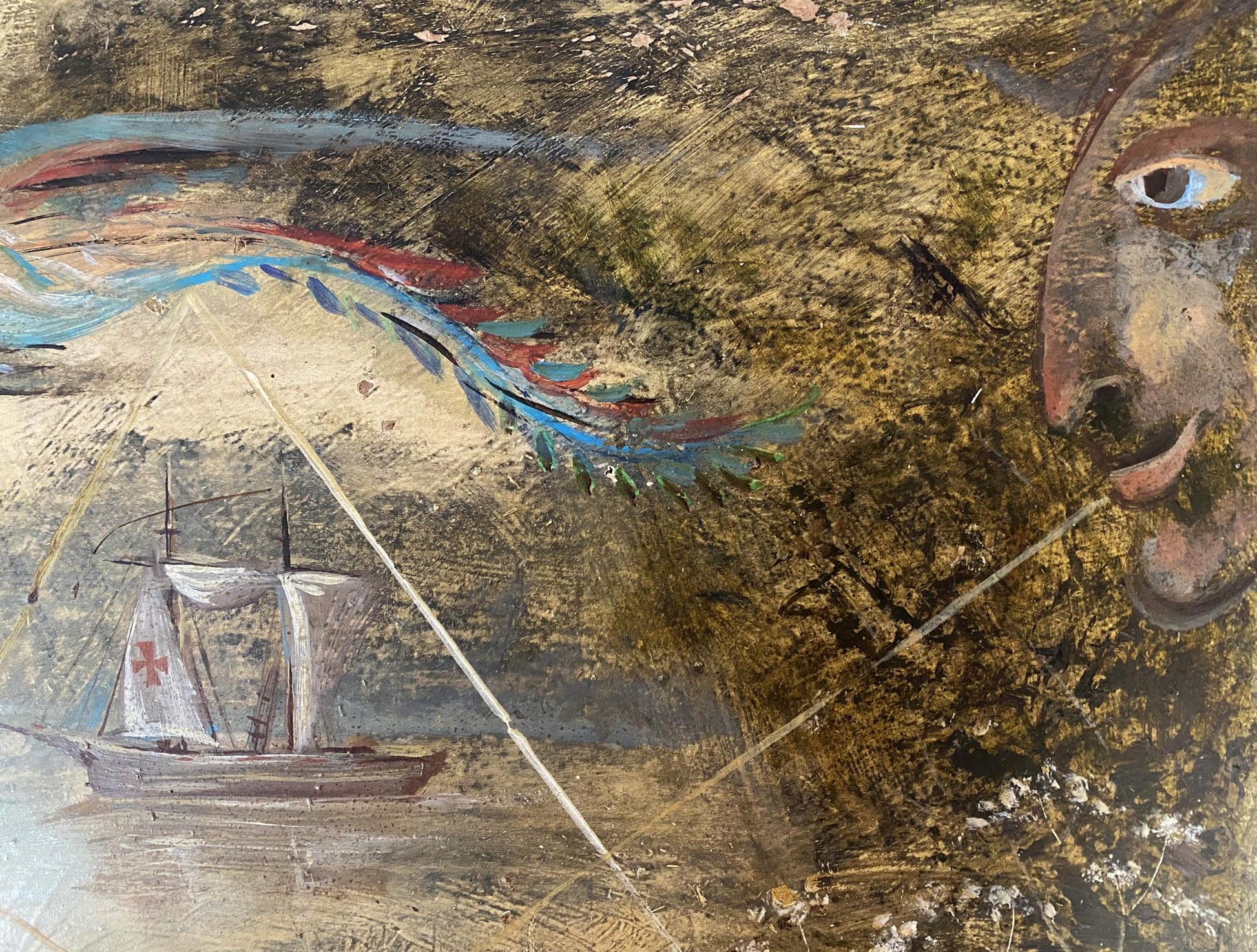 Oil painting Bright day Dulfan Lucien Veniaminovich ship with red cross sails