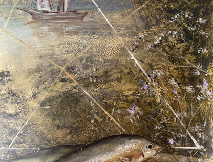 Oil painting Bright day Dulfan Lucien Veniaminovich: silver-gray fish on earthy ground