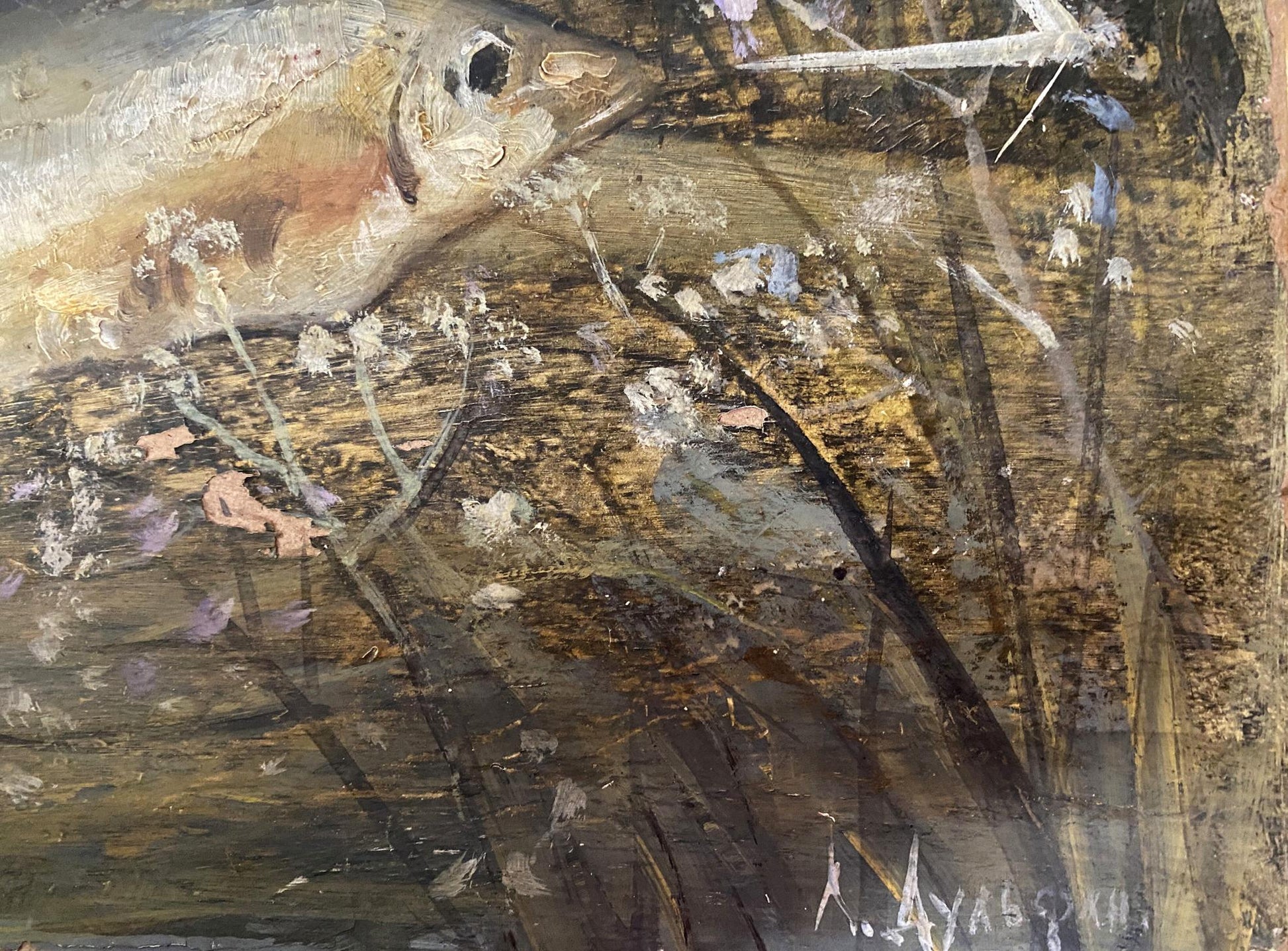 Oil painting Bright day Dulfan Lucien Veniaminovich: textured fish on reeds
