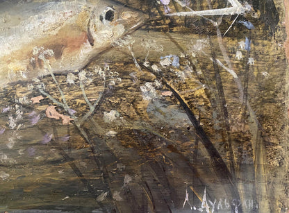 Oil painting Bright day Dulfan Lucien Veniaminovich: textured fish on reeds