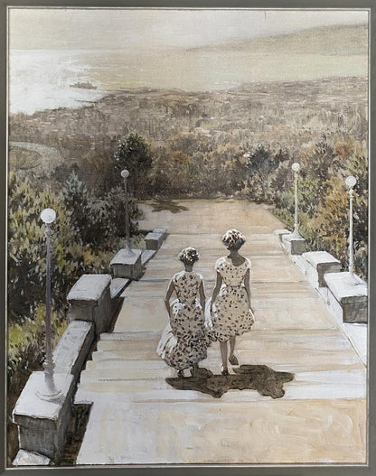 Oil painting of two women in floral dresses walking hand-in-hand down Odessa stone staircase, unknown artist