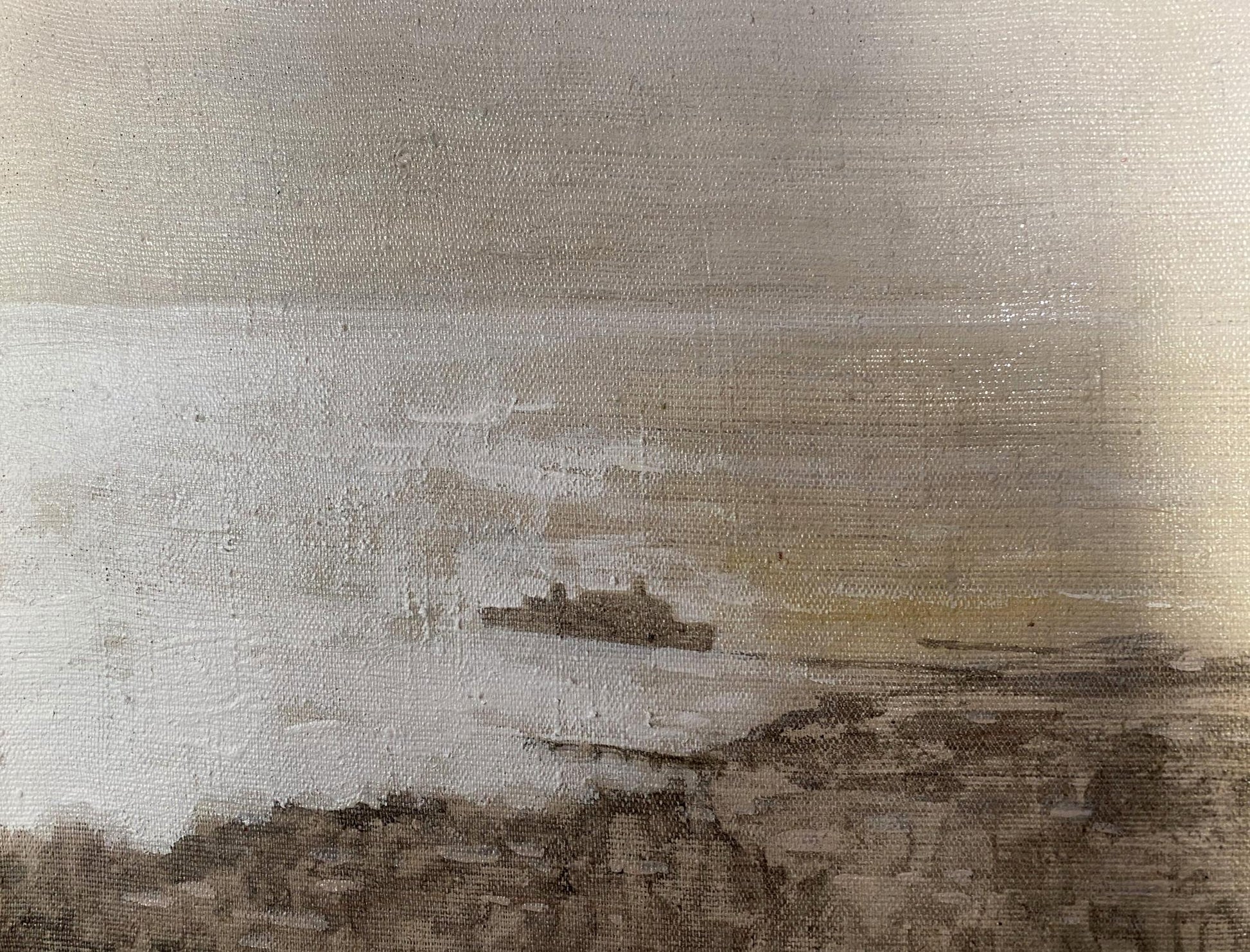 Muted oil painting of solitary ship in calm waters, Walk around Odessa, unknown artist