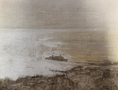Muted oil painting of solitary ship in calm waters, Walk around Odessa, unknown artist