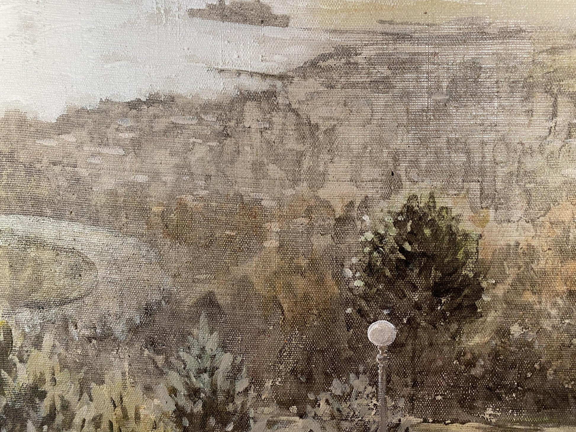 Sepia-toned oil painting of Odessa landscape with hills and foliage