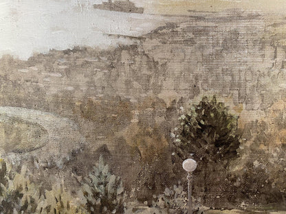 Sepia-toned oil painting of Odessa landscape with hills and foliage