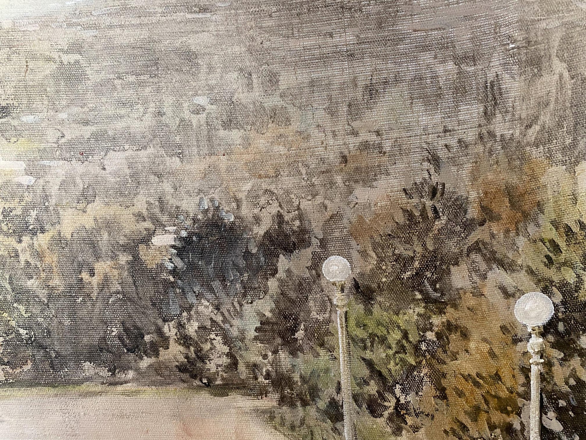 Oil painting of two white spherical lamps on poles in Odessa scene