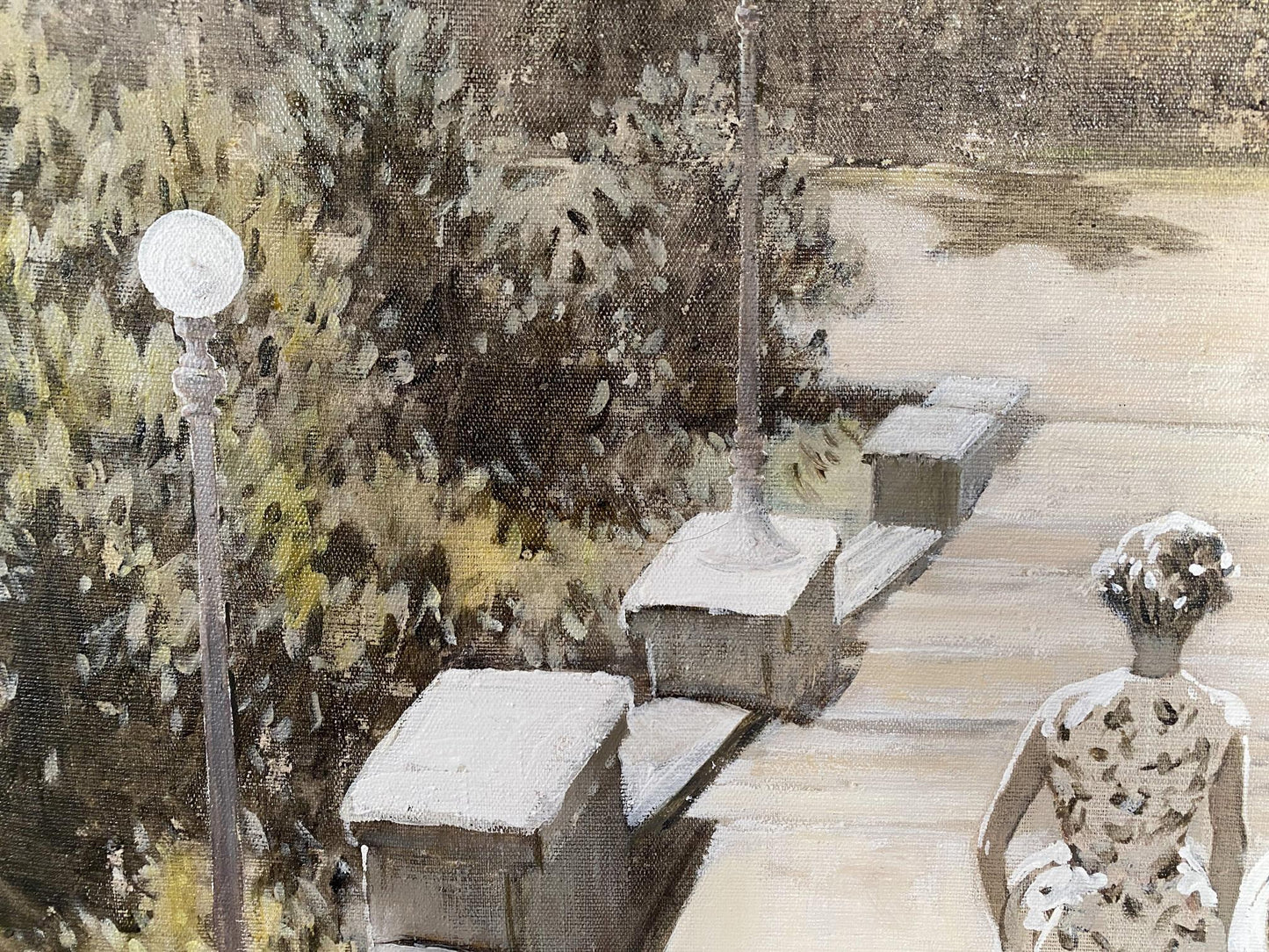 Oil painting of woman in patterned dress walking Odessa path by benches