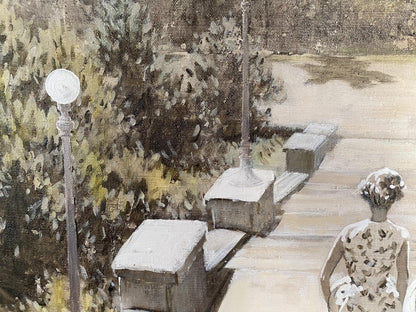 Oil painting of woman in patterned dress walking Odessa path by benches