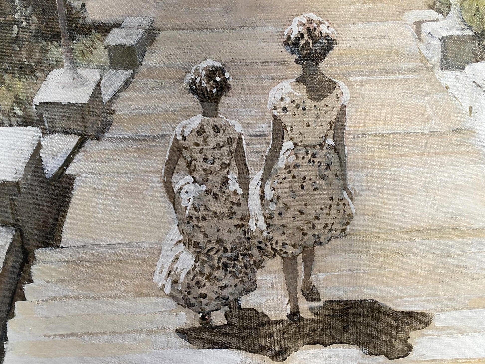 Oil painting of two women in polka-dot dresses walking up Odessa steps, back view