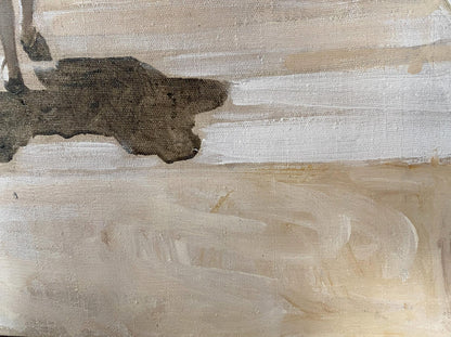 Oil painting Walk around Odessa: textured beige white strokes, bold brown shape