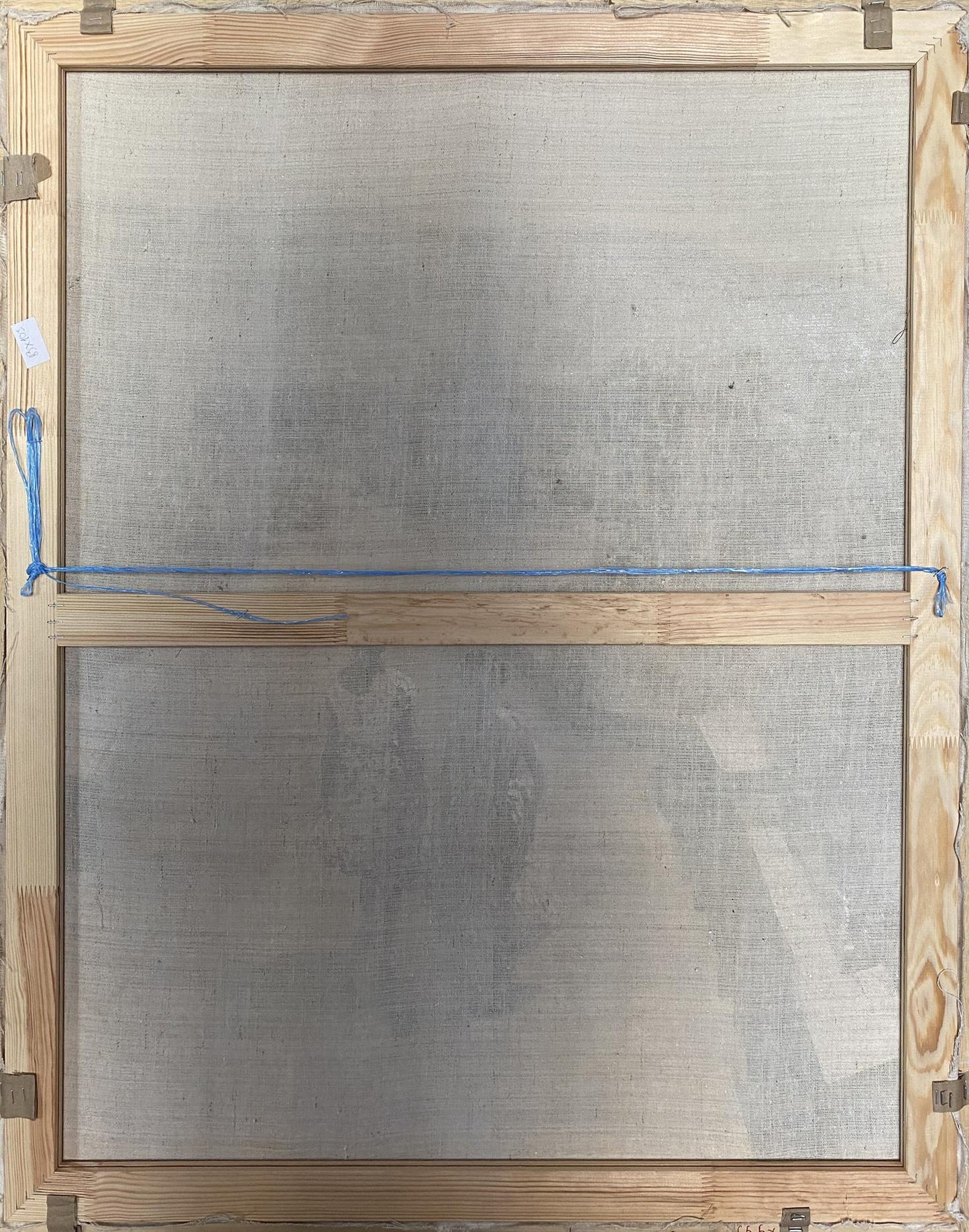 Back of Oil painting Walk around Odessa with wooden frame, gray textured fabric, blue string