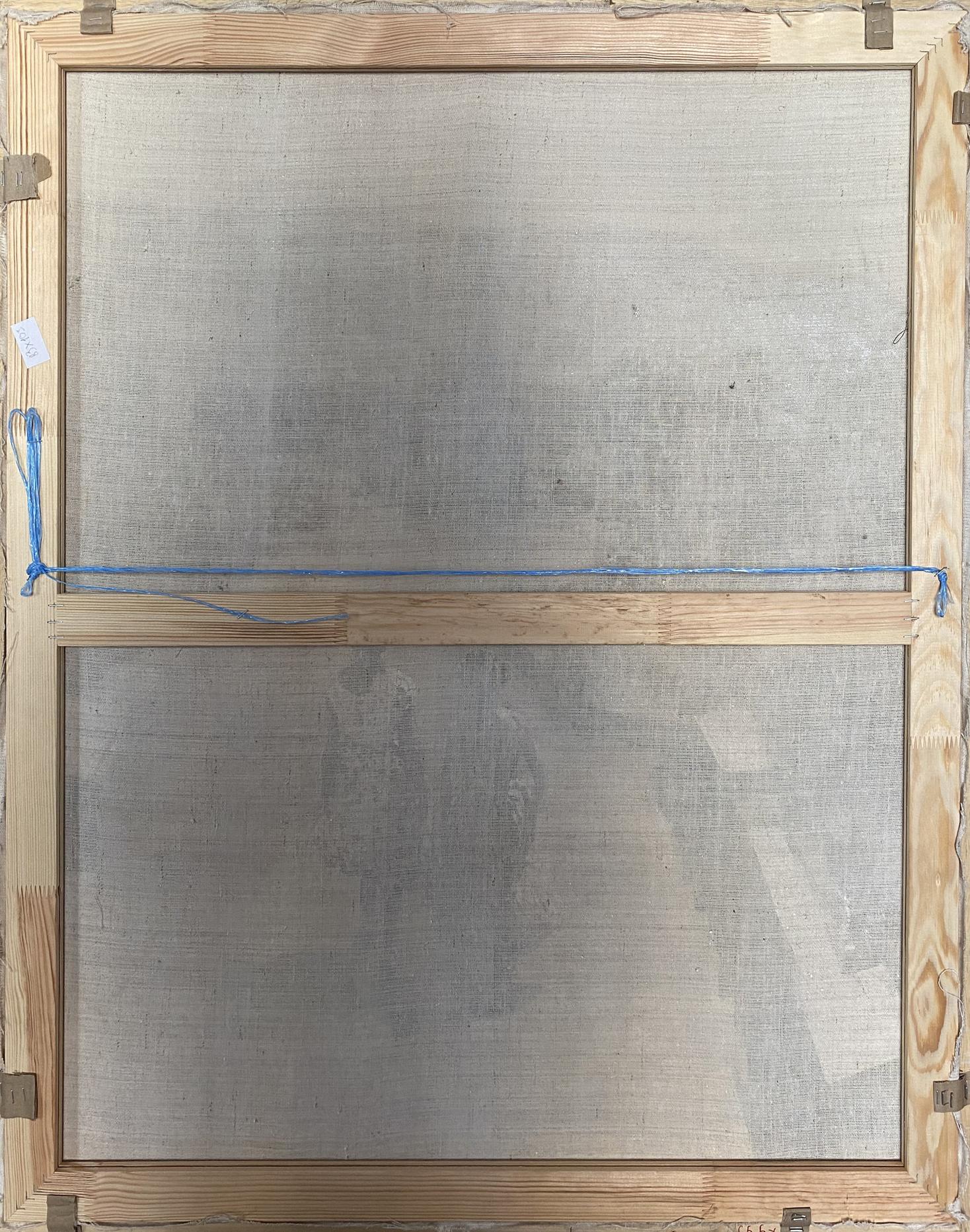 Back of Oil painting Walk around Odessa with wooden frame, gray textured fabric, blue string