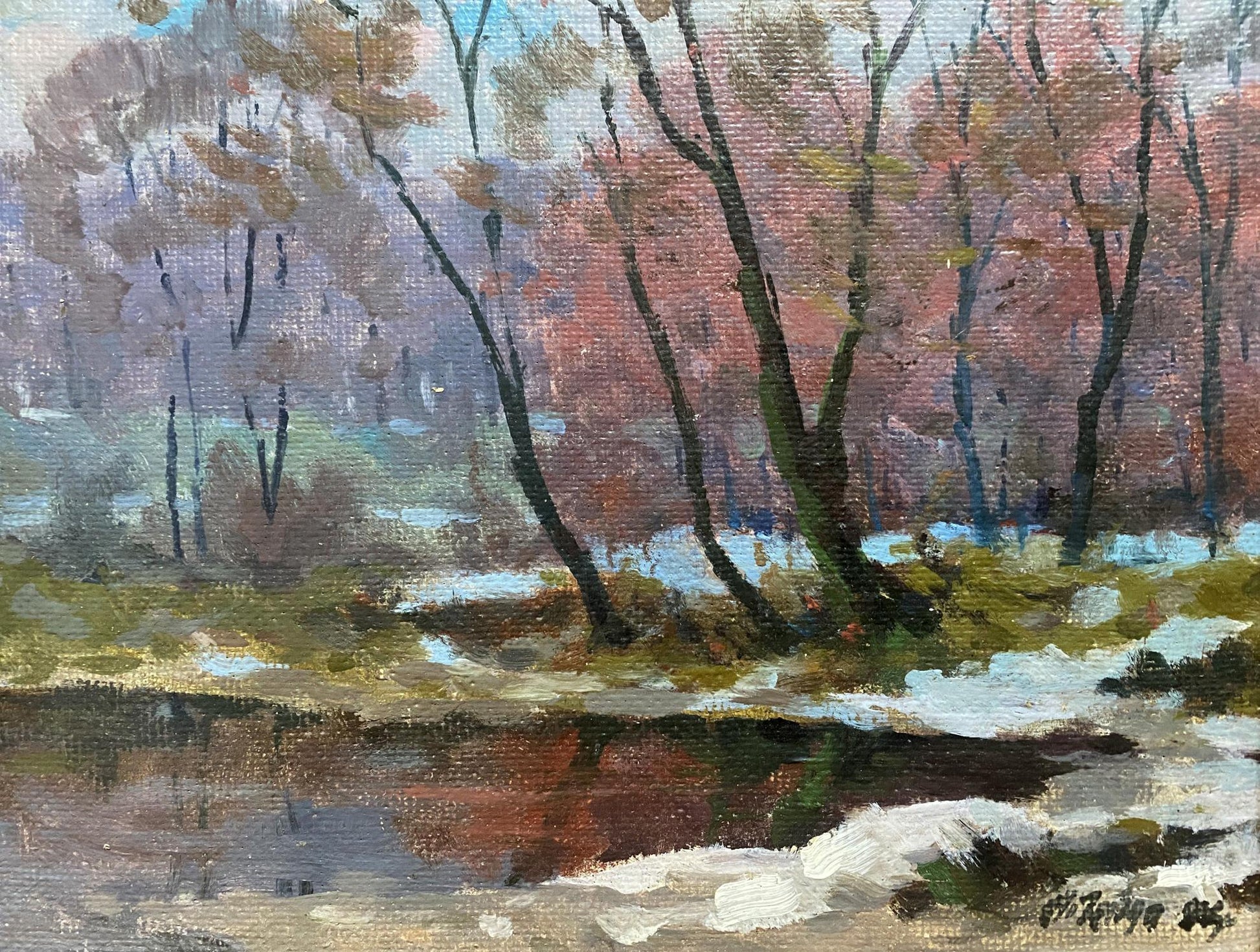 Oil painting Winters end by Gabda Vasily Georgievich, pink purple winter landscape