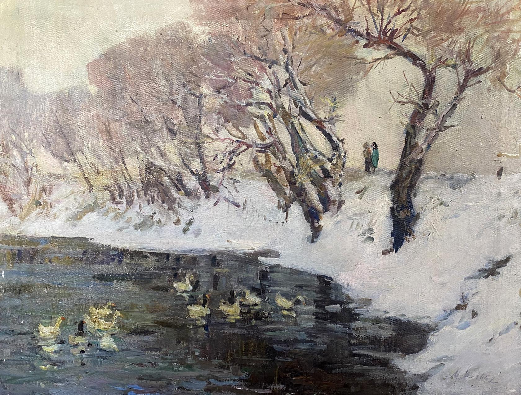 Oil painting by Maksimenko Alexander Grigorievich: snowy landscape with ducks in frozen river