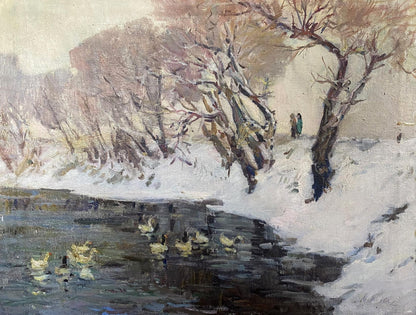 Oil painting by Maksimenko Alexander Grigorievich: snowy landscape with ducks in frozen river