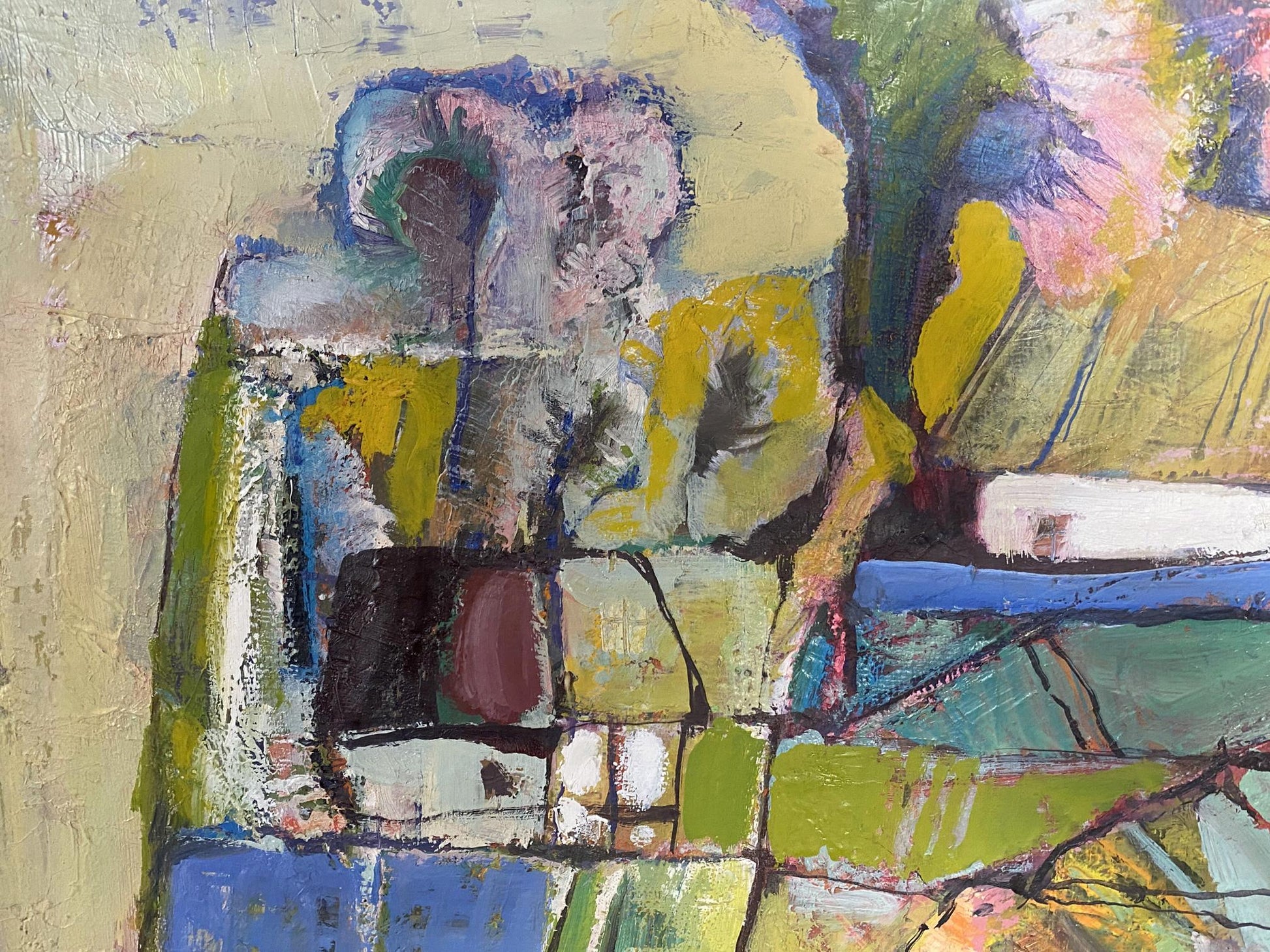 Abstract oil painting April Skorupsky Isaac Abramovich with bold textured brushstrokes in yellows greens blues purples