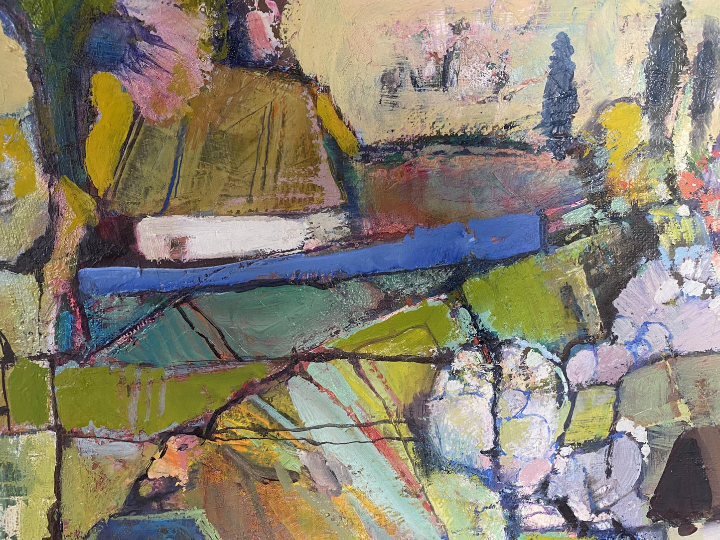 Abstract oil painting by April Skorupsky Isaac Abramovich with bold textured brushstrokes in vibrant greens yellows blues and earth tones