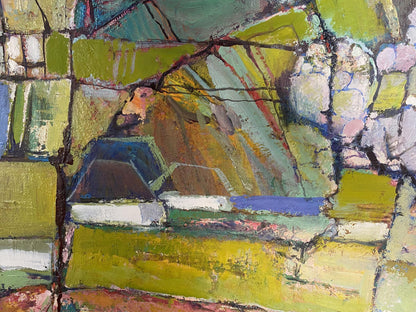 Abstract oil painting April Skorupsky Isaac Abramovich with bold textured brushstrokes in greens yellows blues earth tones