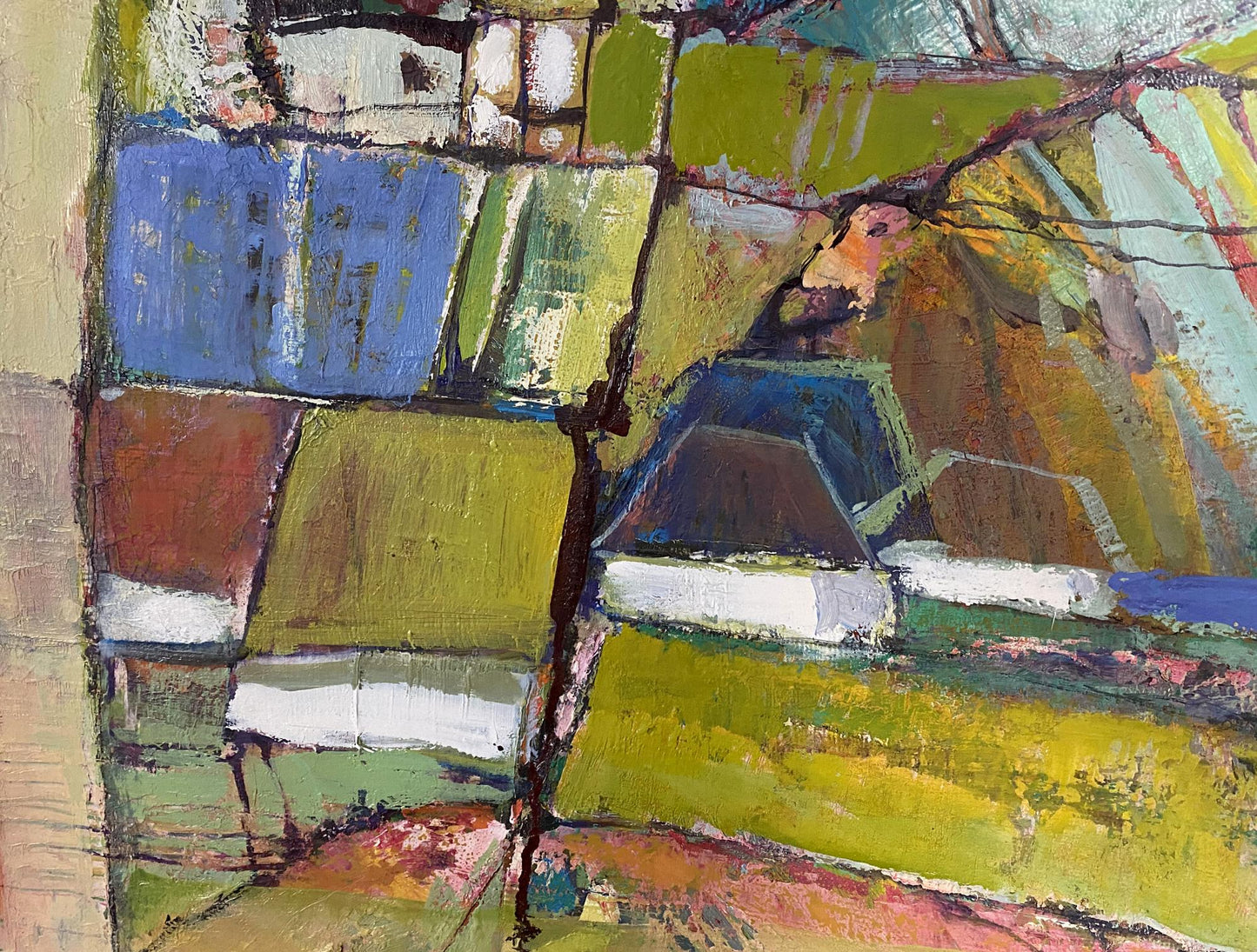 Abstract oil painting by April Skorupsky Isaac Abramovich with bold blue green yellow brown blocks