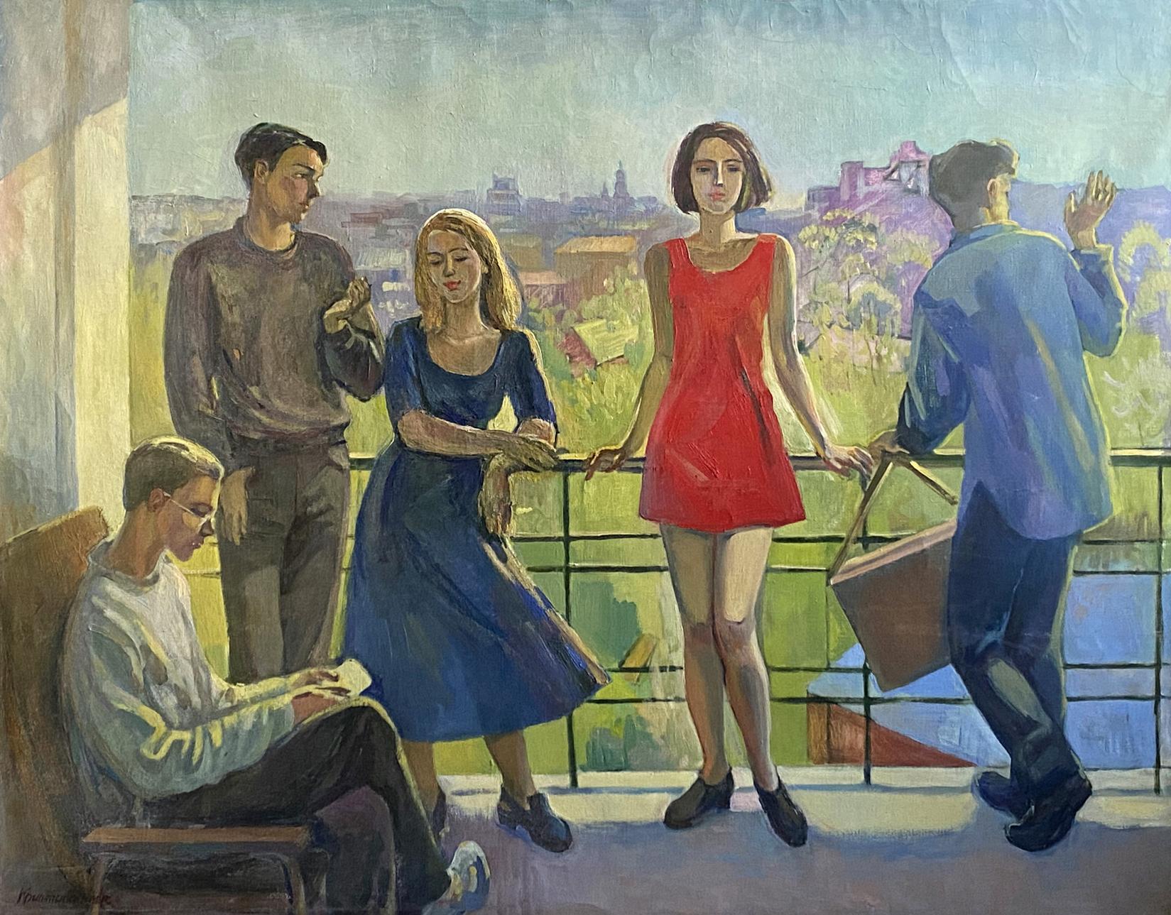 Oil painting of woman in vibrant red sleeveless dress on balcony by Krishtopaitis