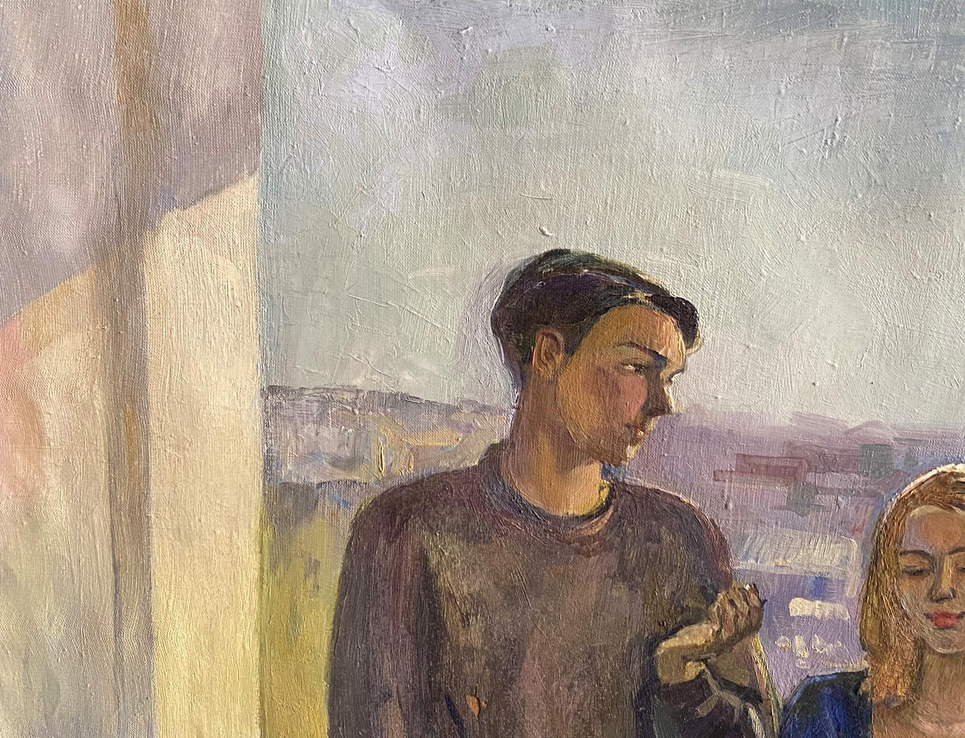 Oil painting Spring by Krishtopaitis Adolis-Ionas: man in brown sweater, blonde woman