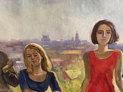 Oil painting Spring by Krishtopaitis Adolis-Ionas with two women in cityscape