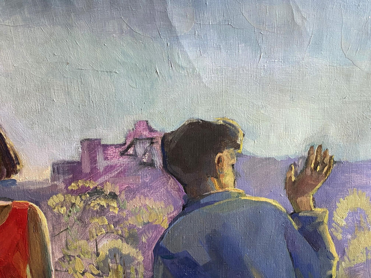 Oil painting Spring by Krishtopaitis Adolis-Ionas: man in blue jacket, purple landscape