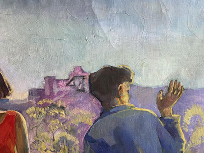 Oil painting Spring by Krishtopaitis Adolis-Ionas: man in blue jacket, purple landscape