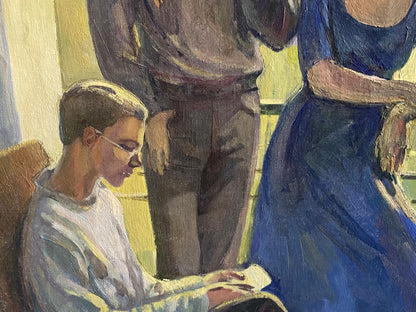 Oil painting by Adolis-Ionas Krishtopaitis: boy in glasses and sweater reading