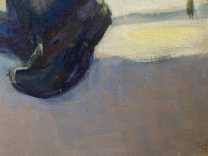 Dark blue textured oil painting of boot heel and ankle by Spring Krishtopaitis Adolis-Ionas