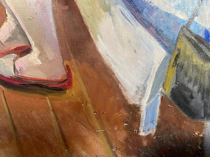Oil painting Dormitory by Khmelnitsky Alexander Anatolievich, abstract expressionist with bold brown, white, blue, yellow brushstrokes on textured canvas