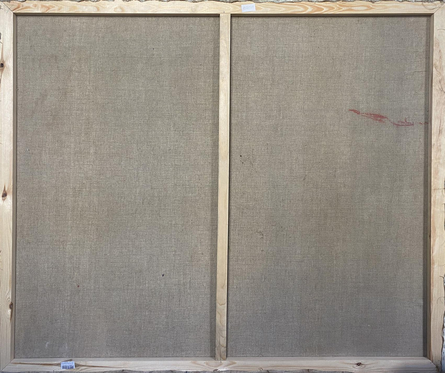 Back of framed Oil painting Dormitory by Khmelnitsky Alexander Anatolievich with gray linen panels and light wood frame