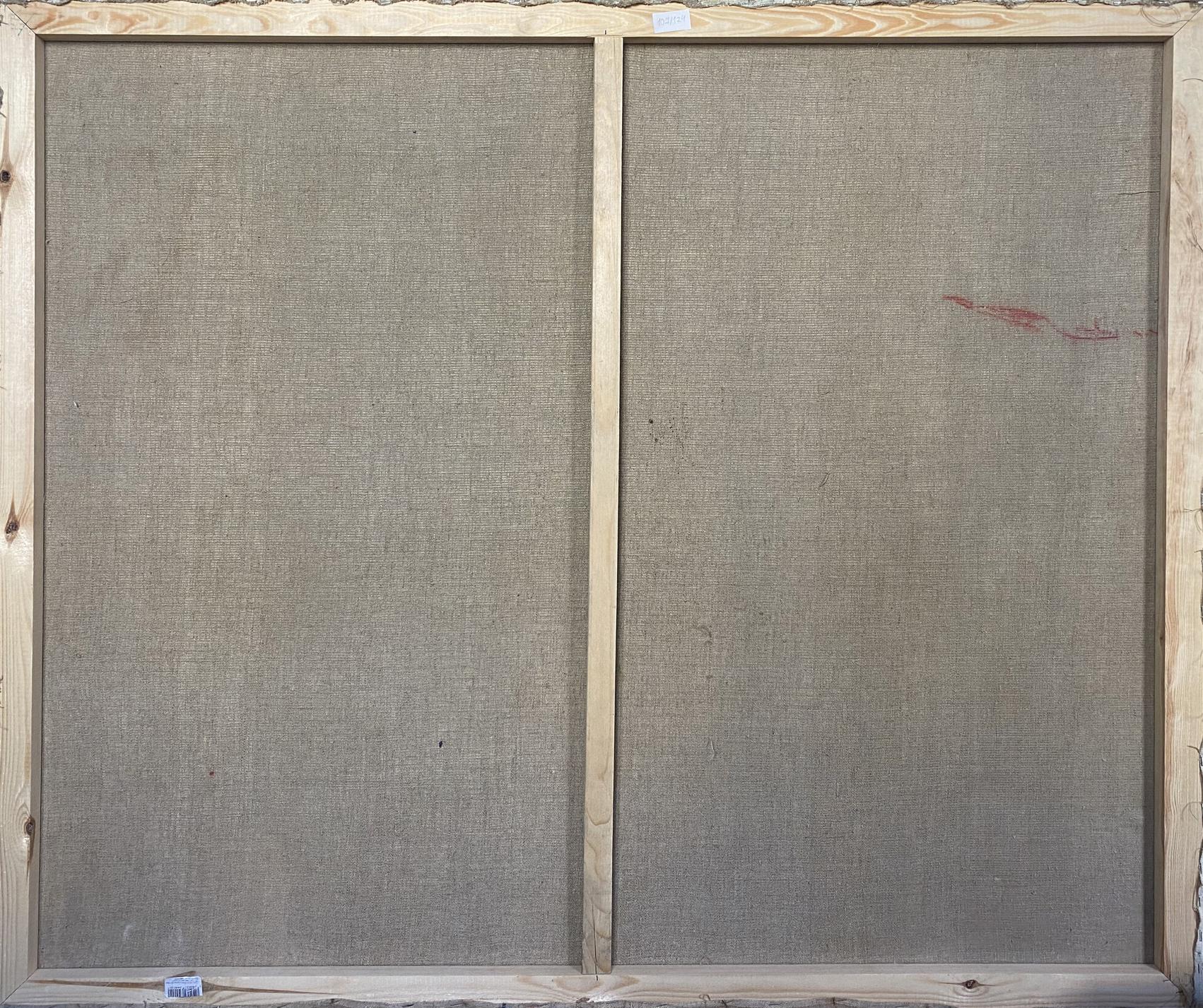 Back of framed Oil painting Dormitory by Khmelnitsky Alexander Anatolievich with gray linen panels and light wood frame