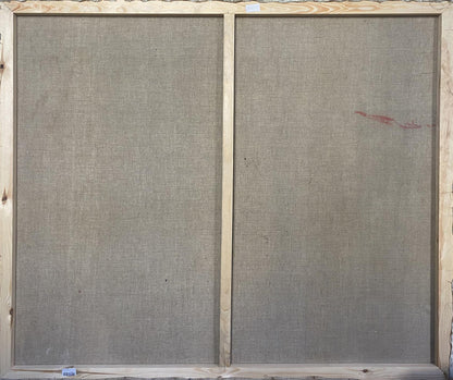 Back of framed Oil painting Dormitory by Khmelnitsky Alexander Anatolievich with gray linen panels and light wood frame