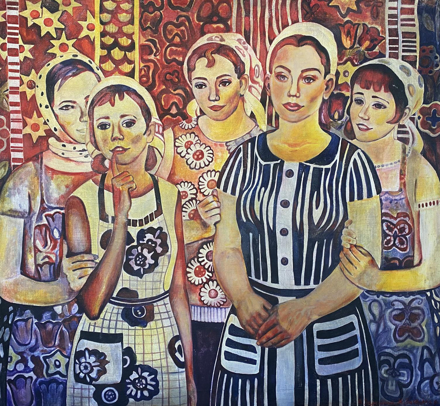 Vibrant oil painting by Zaretskaya Maya Sergeevna of five women in folk attire