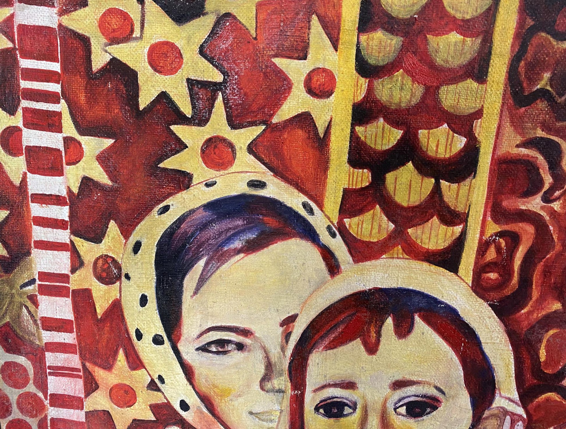 Vibrant oil painting of haloed mother and child by Zaretskaya Maya Sergeevna