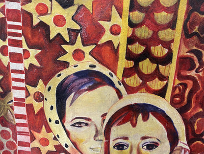 Vibrant oil painting of haloed mother and child by Zaretskaya Maya Sergeevna