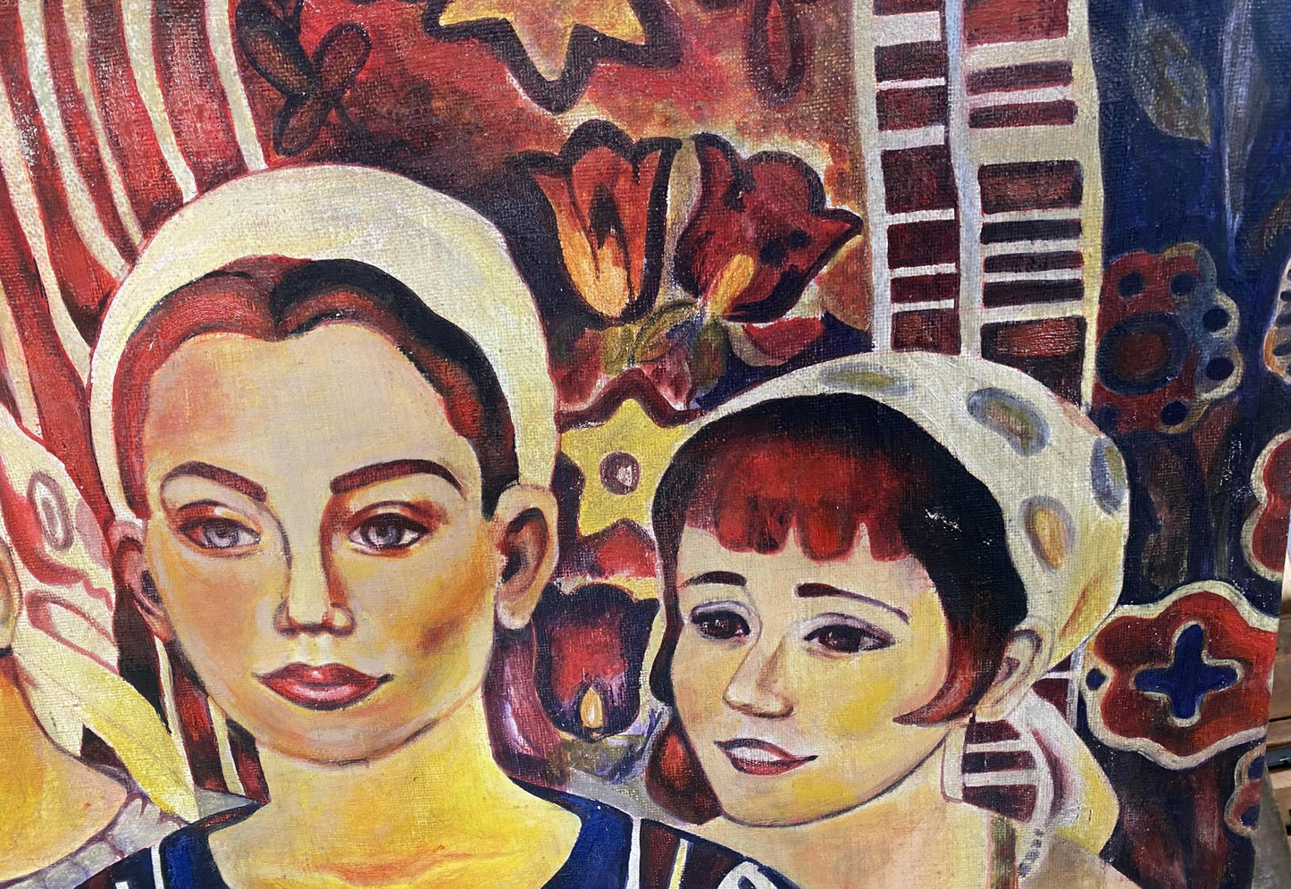Oil painting of two red-haired girls in white headscarves by Zaretskaya Maya Sergeevna