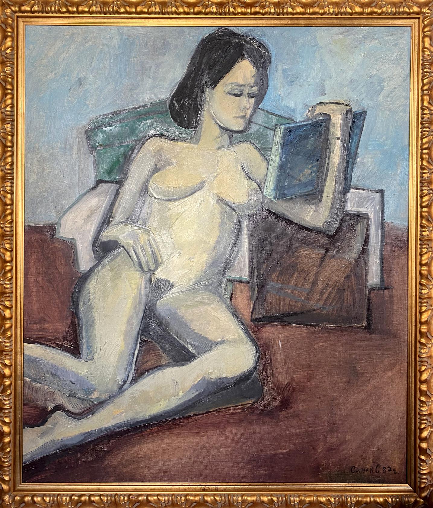 Framed oil painting of female figure reading by Stanislav Ivanovich Sychov