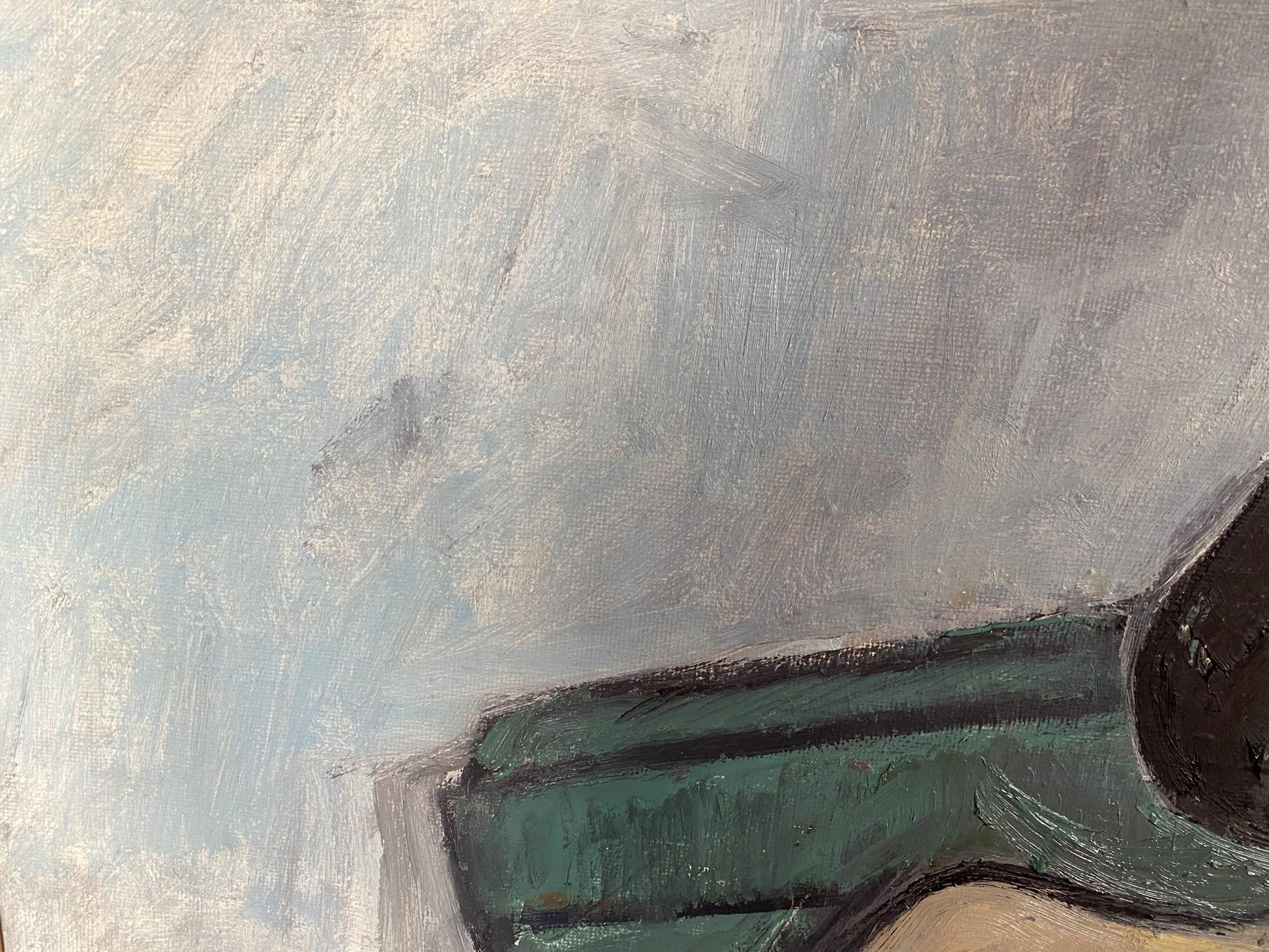 Oil painting portrait of female figure by Stanislav Ivanovich Sychov, textured dark green on gray blue