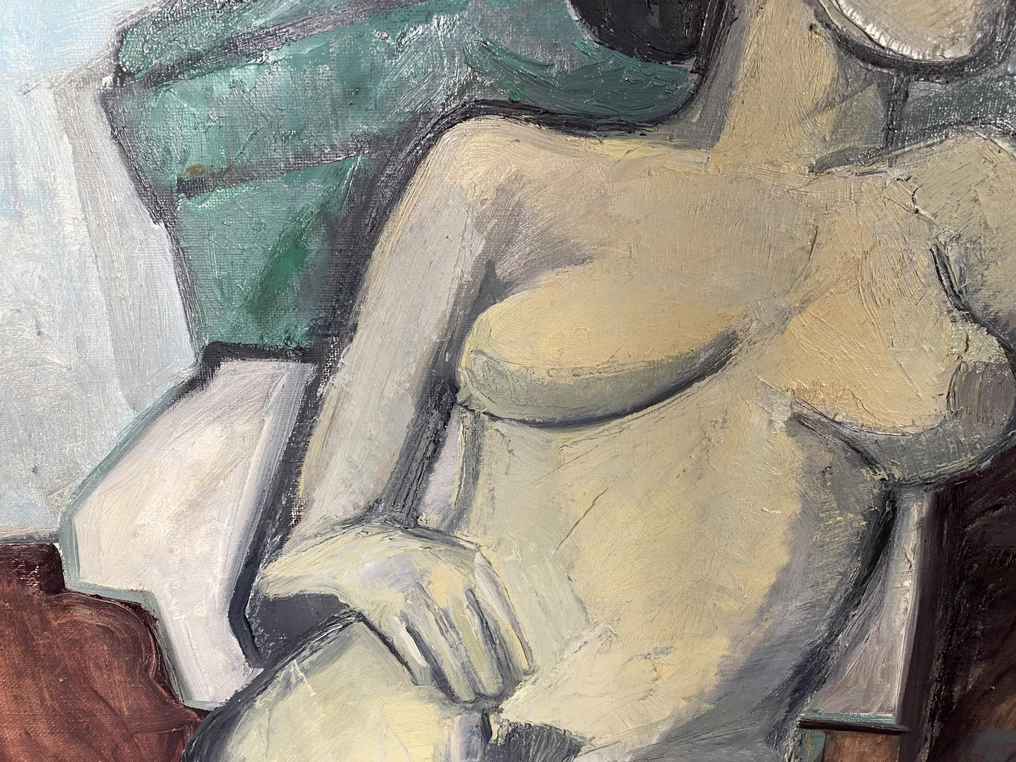 Oil painting portrait of female figure by Stanislav Ivanovich Sychov, abstract beige-gray figure