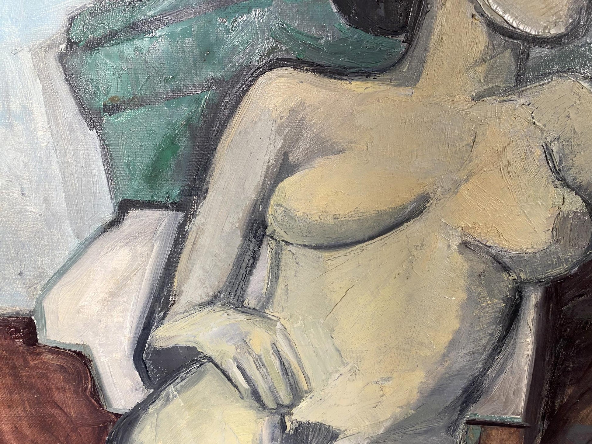 Oil painting portrait of female figure by Stanislav Ivanovich Sychov, abstract beige-gray figure
