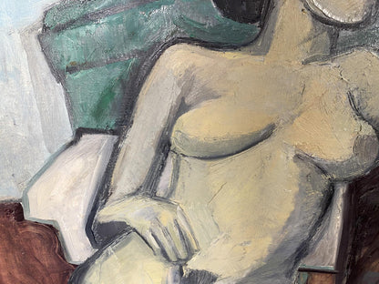Oil painting portrait of female figure by Stanislav Ivanovich Sychov, abstract beige-gray figure
