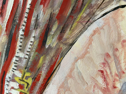 Oil painting portrait of female figure by Valentin Dmytrovych Khrushch, abstract red strokes