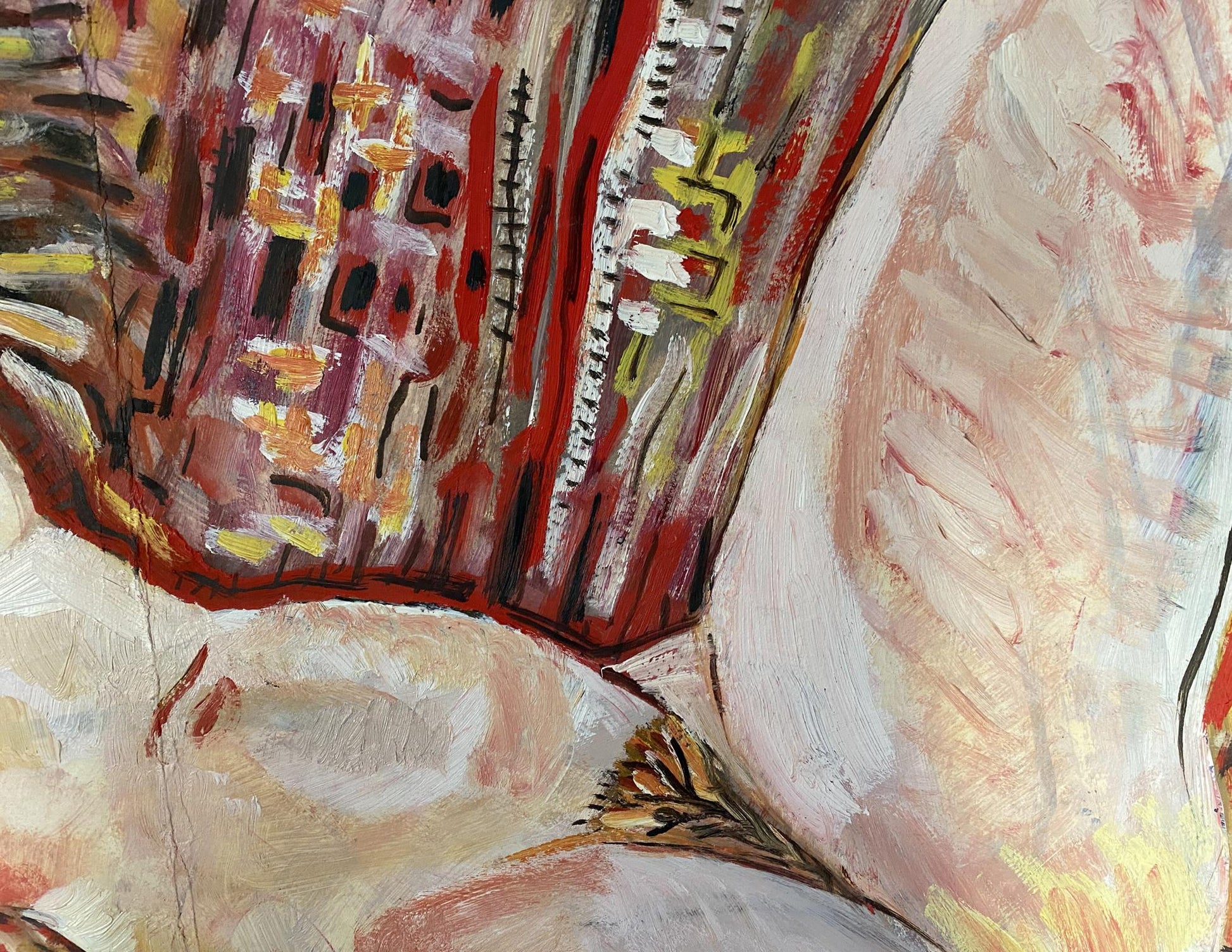 Oil painting portrait of female figure by Valentin Dmytrovych Khrushch with bold red, yellow, black strokes on beige