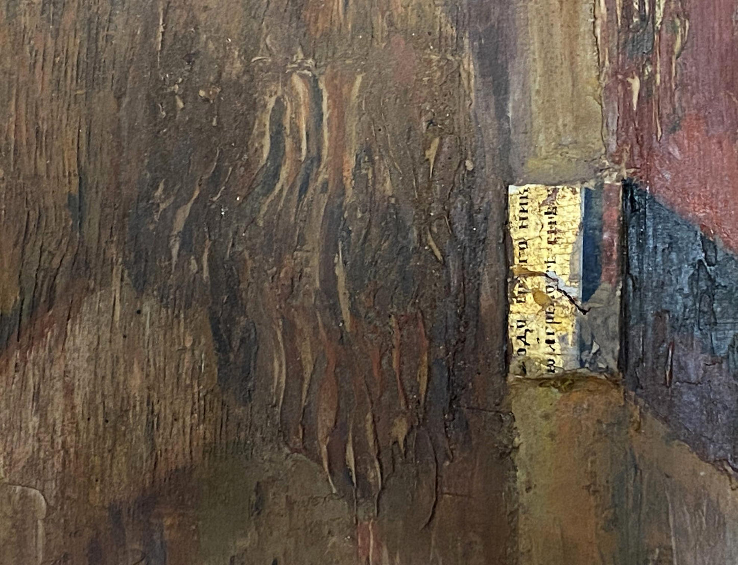Back of oil painting Portrait of priest Valentin Dmytrovych Khrushch with yellow label on wood