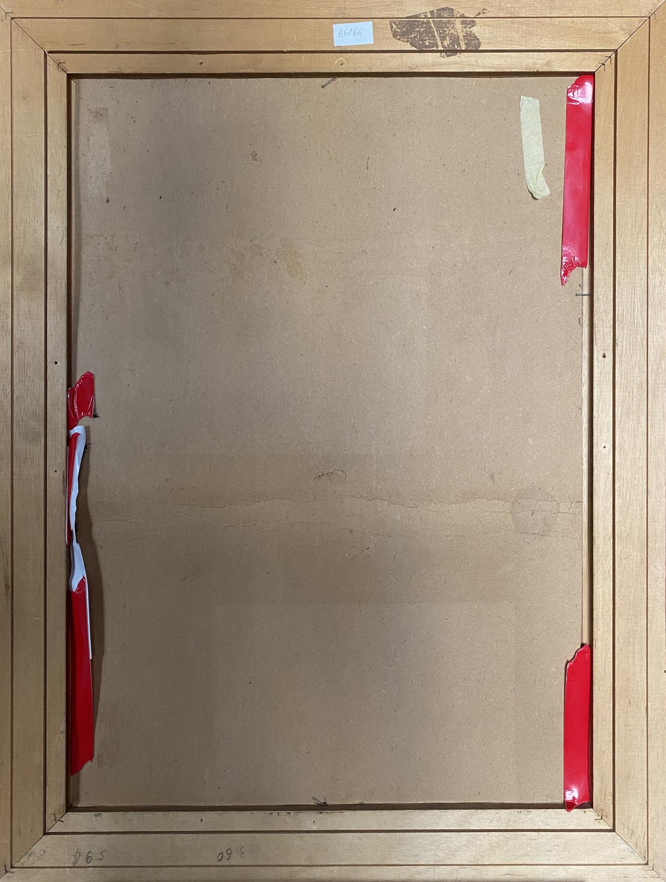 Back of Oil painting Portrait of Jesus Christ by Valentin Dmytrovych Khrushch, light wood frame with red tape edges, blue label