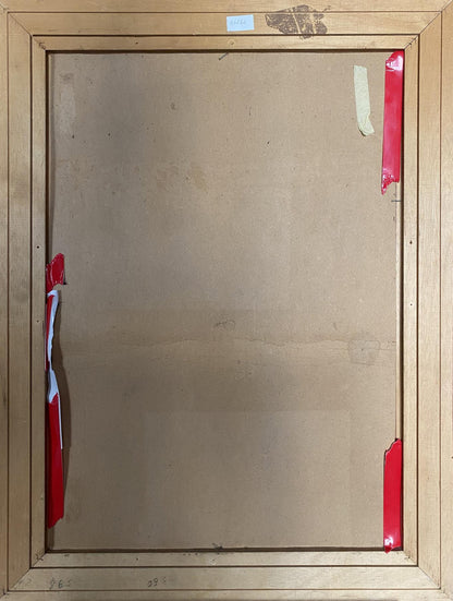 Back of Oil painting Portrait of Jesus Christ by Valentin Dmytrovych Khrushch, light wood frame with red tape edges, blue label