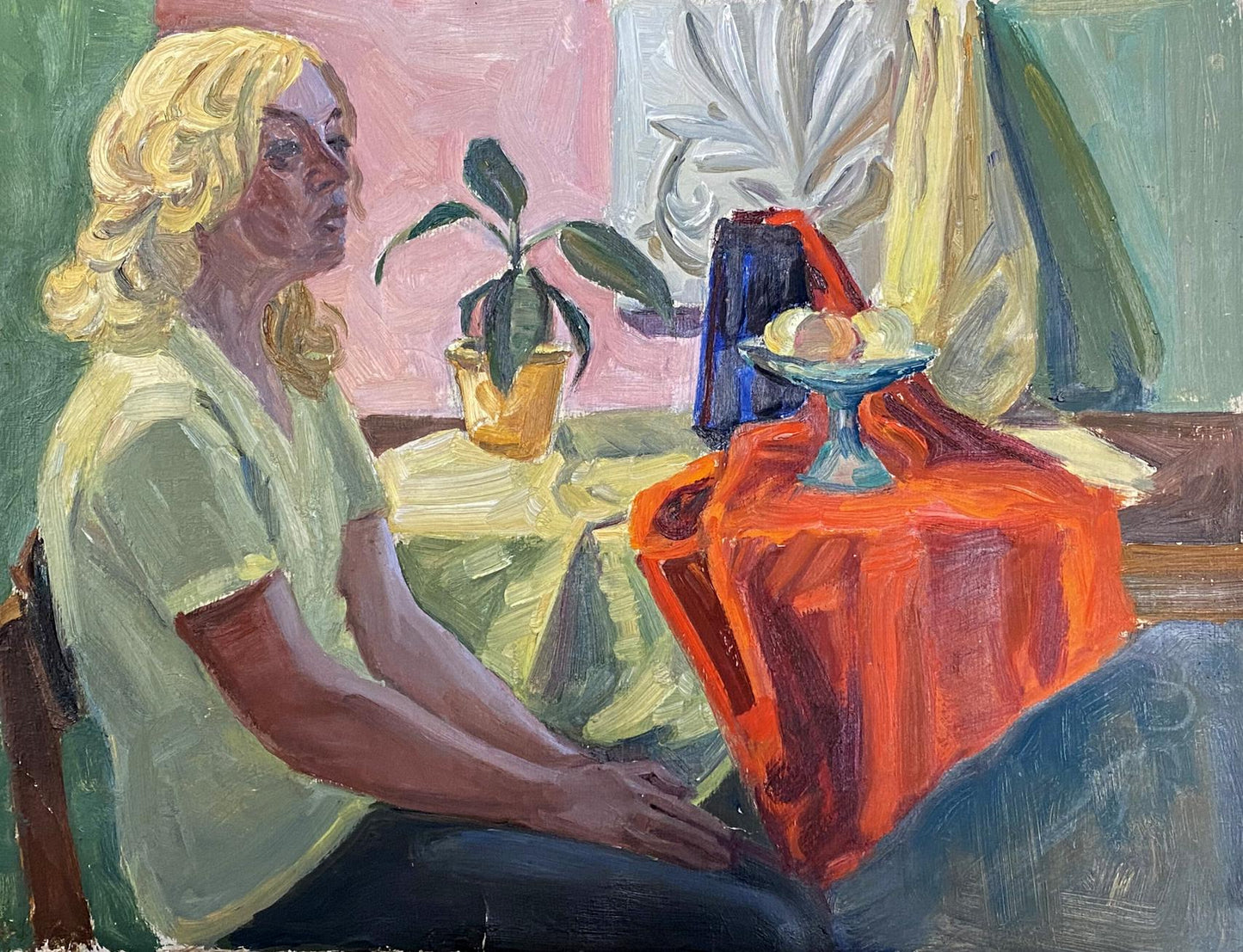 Oil painting After a Hard Day by Selskaya Margarita Ivanovna on orange tablecloth